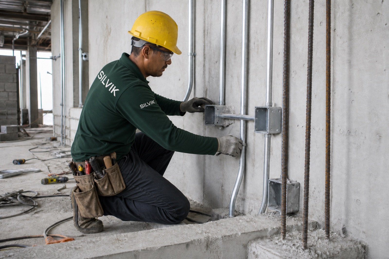 Electrician installing conduit on a construction site wall
