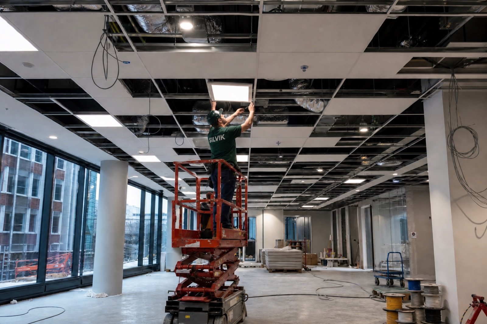 Installing commercial ceiling lighting during office fit-out