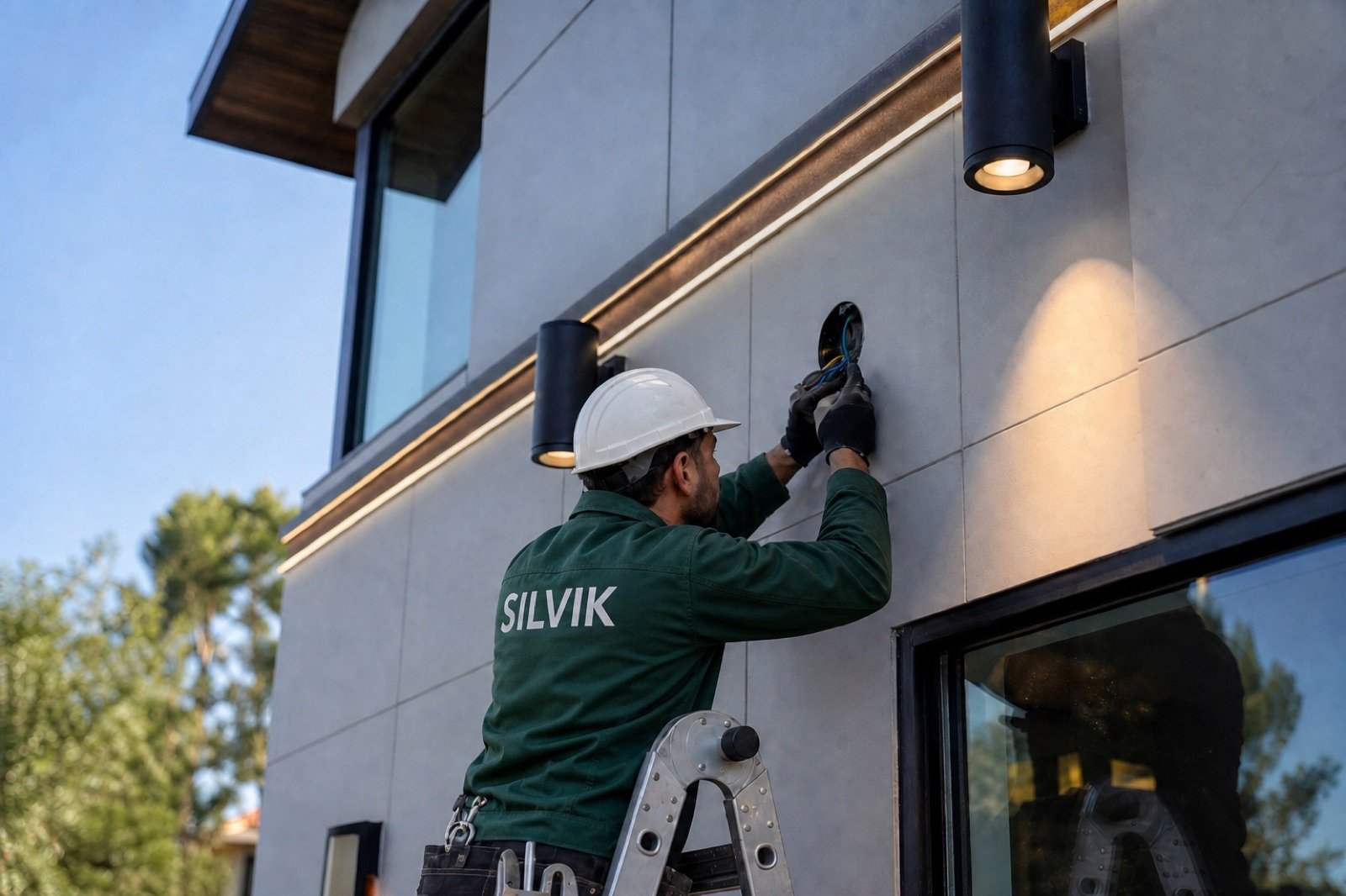 Installing exterior building lighting during finishing