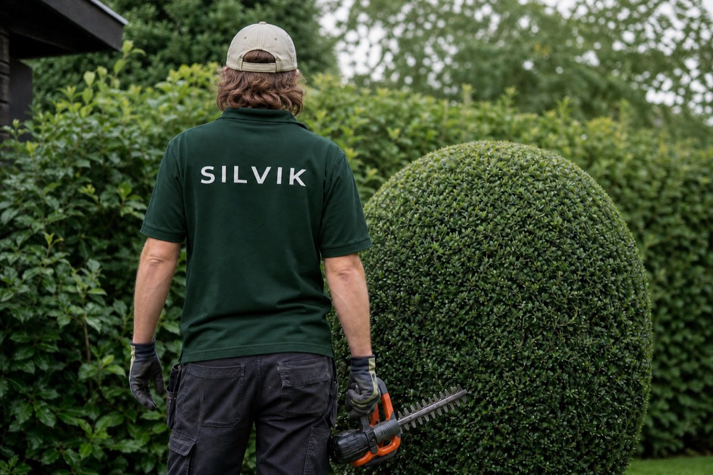SILVIK gardener from behind trimming a topiary bush