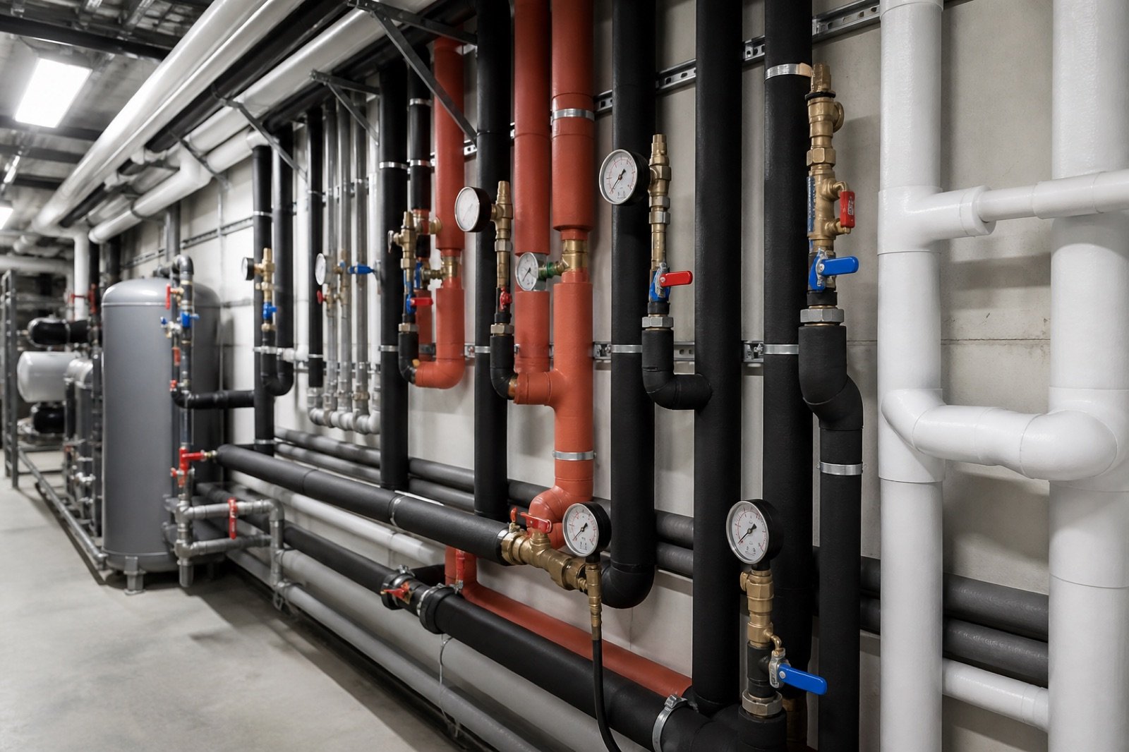 Insulated hot and cold water pipes in a commercial plant room
