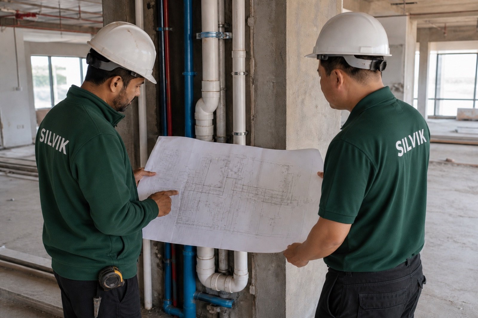 Plumbers coordinating sanitary layout with construction plans